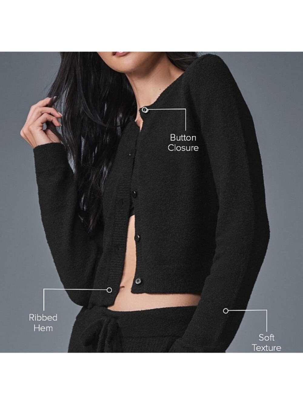 Alo Snuggle Up Sweater Cropped Cardigan Black Button-Up Fuzzy Knit Soft Cardi S - Picture 5 of 11